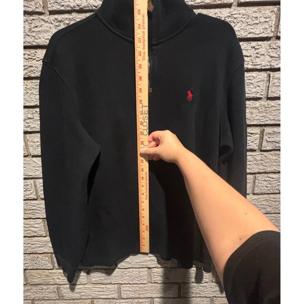 Polo Ralph Lauren Mens Quarter Zip Pullover Black Cotton Sweater Red Pony Size M
